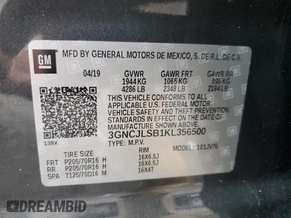 ✅ 2019 Chevrolet Trax LT • VIN: 3GNCJLSB1KL356500 • Lot: 93180355. Wystawiony na Copart z przebiegiem 73 275 mil. Bezpłatny archiwum sprzedaży aukcyjnych z USA i szczegółowy raport historii pojazdu na DreamBid. Zdjęcie 13.