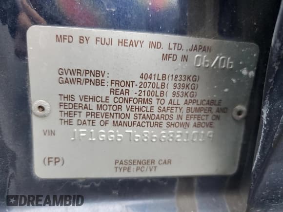 ✅ 2006 Subaru Impreza i • VIN: JF1GG67686G821019 • Lot: 91318795. Listed on Copart with 260,684 mi. Free auction sales archive from the USA and detailed vehicle history report at DreamBid. Image 12.