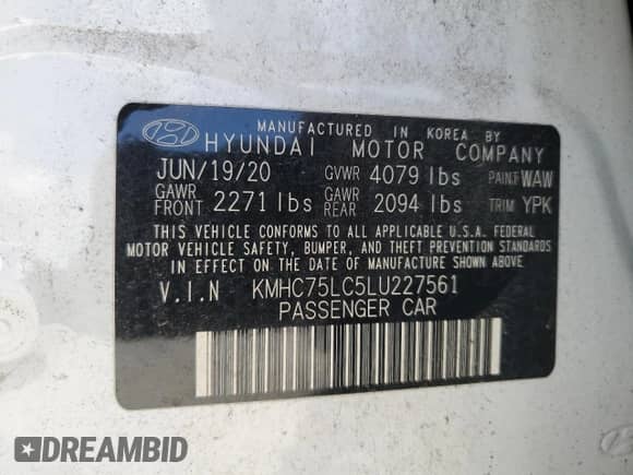 2020 Hyundai Ioniq SE с VIN KMHC75LC5LU227561, выставлен на аукционе Copart как лот 76566704 с пробегом Не указан миль и Чистый • Clean title. История ставок и продаж доступна на DreamBid. Изображение 12.