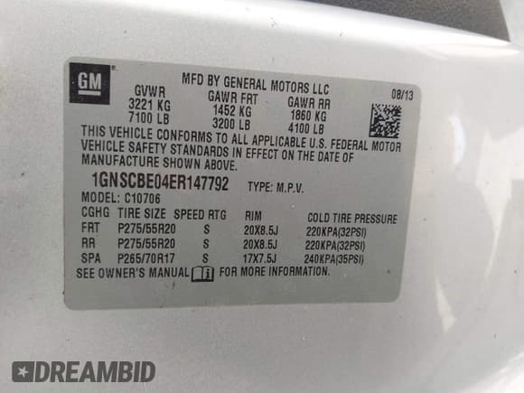 ✅ 2014 Chevrolet Tahoe LT • VIN: 1GNSCBE04ER147792 • Lot: 42781257. Listed on IAAI with 136,462 mi. Free auction sales archive from the USA and detailed vehicle history report at DreamBid. Image 9.