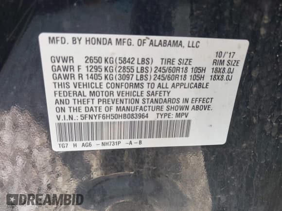 ✅ 2017 Honda Pilot EX-L • VIN: 5FNYF6H50HB083964 • Lot: 42658688. Listed on IAAI with 128,689 mi. Free auction sales archive from the USA and detailed vehicle history report at DreamBid. Image 9.