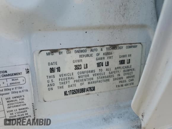 ✅ 2011 Chevrolet Aveo 2LT • VIN: KL1TG5DE0BB147638 • Lot: 85308035. Listed on Copart with 112,079 mi. Free auction sales archive from the USA and detailed vehicle history report at DreamBid. Image 12.