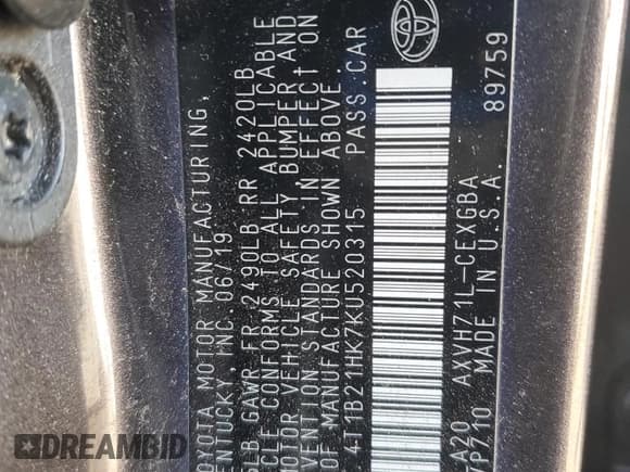 ✅ 2019 Toyota Camry Hybrid XLE • VIN: 4T1B21HK7KU520315 • Лот: 82559095. Опубликован ранее на Copart с пробегом 88 526 миль. Бесплатный доступ к архиву аукционных продаж из США и подробный отчёт об истории автомобиля на DreamBid. Изображение 13.