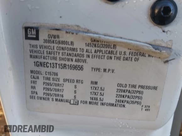 ✅ 2005 Chevrolet Tahoe LS • VIN: 1GNEC13T15R169656 • Lot: 43896635. Listed on IAAI with 261,160 mi. Free auction sales archive from the USA and detailed vehicle history report at DreamBid. Image 9.