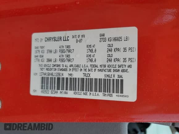 2008 Dodge 1500 ST с VIN 1D7HA16K48J122614, выставлен на аукционе Copart как лот 58082685 с пробегом 140 336 миль миль и Списание • Salvage title. История ставок и продаж доступна на DreamBid. Изображение 12.