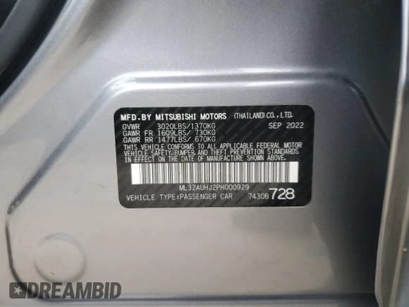 ✅ 2023 Mitsubishi Mirage ES • VIN: ML32AUHJ2PH000929 • Лот: 90541995. Опубликован ранее на Copart с пробегом 20 147 миль. Бесплатный доступ к архиву аукционных продаж из США и подробный отчёт об истории автомобиля на DreamBid. Изображение 12.
