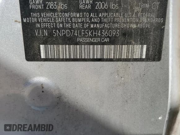 ✅ 2019 Hyundai Elantra SE • VIN: 5NPD74LF5KH436093 • Lot: 68839845. Listed on Copart with 139,125 mi. Free auction sales archive from the USA and detailed vehicle history report at DreamBid. Image 12.