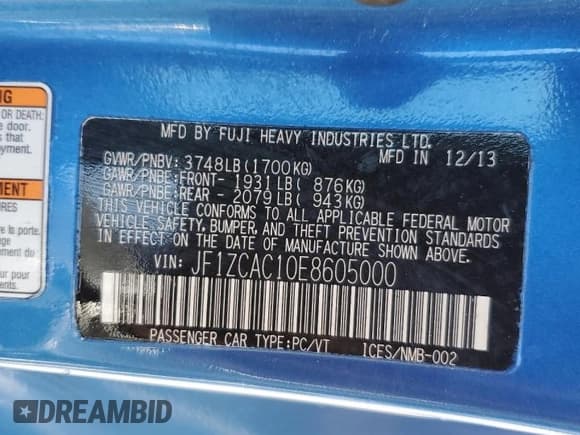 ✅ 2014 Subaru BRZ Limited • VIN: JF1ZCAC10E8605000 • Лот: 68492694. Опубликован ранее на Copart с пробегом 119 314 миль. Бесплатный доступ к архиву аукционных продаж из США и подробный отчёт об истории автомобиля на DreamBid. Изображение 14.