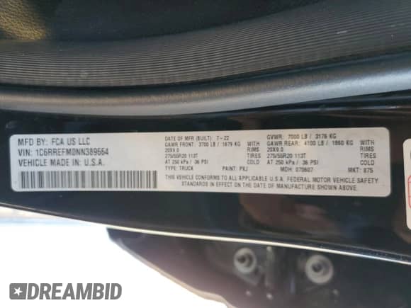 2022 Ram 1500 Lone Star с VIN 1C6RREFM0NN389664, выставлен на аукционе Copart как лот 86564484 с пробегом 26 314 миль миль и Списание • Salvage title. История ставок и продаж доступна на DreamBid. Изображение 13.