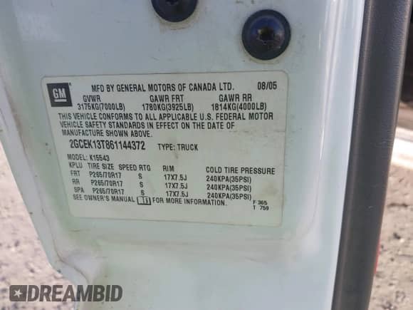 2006 Chevrolet Silverado 1500 LT1 with VIN 2GCEK13T861144372, listed as a IAAI auction lot 41564008 with 295,445 mi miles and . Bid and sale history available at DreamBid. Image 9.