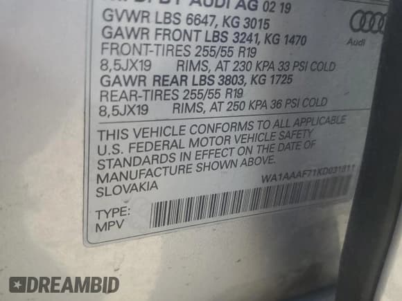 ✅ 2019 Audi Q7 Premium • VIN: WA1AAAF71KD031811 • Lot: 62885825. Listed on Copart with 55,718 mi. Free auction sales archive from the USA and detailed vehicle history report at DreamBid. Image 14.