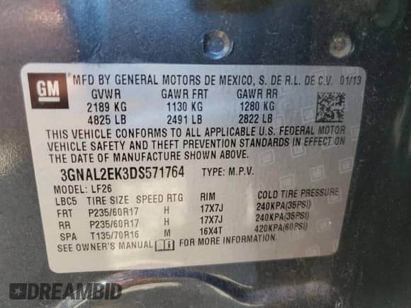 2013 Chevrolet Captiva Sport LS с VIN 3GNAL2EK3DS571764, выставлен на аукционе Copart как лот 76246444 с пробегом 83 674 миль миль и Списание • Salvage title. История ставок и продаж доступна на DreamBid. Изображение 14.