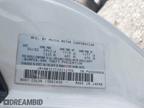 ✅ 2003 Mazda MX-5 Miata Cloth • VIN: JM1NB353530312906 • Lot: 42778360. Listed on IAAI with 93,254 mi. Free auction sales archive from the USA and detailed vehicle history report at DreamBid. Image 9.