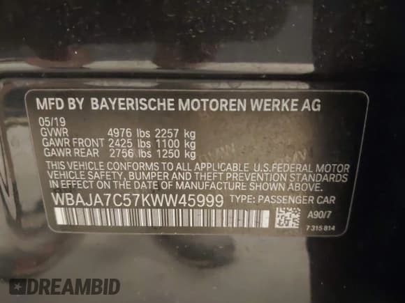 ✅ 2019 BMW 5 Series 530i xDrive • VIN: WBAJA7C57KWW45999 • Lot: 42540573. Listed on IAAI with 42,463 mi. Free auction sales archive from the USA and detailed vehicle history report at DreamBid. Image 9.