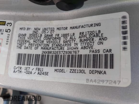 ✅ 2007 Toyota Corolla CE • VIN: 1NXBR32E57Z936767 • Lot: 42384619. Listed on IAAI with 120,349 mi. Free auction sales archive from the USA and detailed vehicle history report at DreamBid. Image 9.