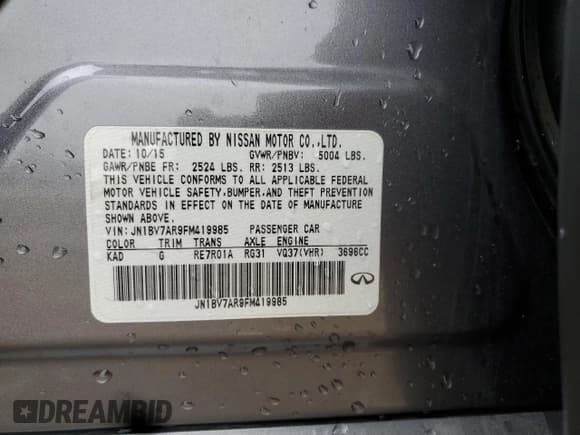 ✅ 2015 Infiniti Q50 Premium • VIN: JN1BV7AR9FM419985 • Lot: 86522495. Wystawiony na Copart z przebiegiem 64 678 mil. Bezpłatny archiwum sprzedaży aukcyjnych z USA i szczegółowy raport historii pojazdu na DreamBid. Zdjęcie 12.