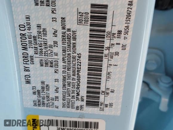 ✅ 2023 Ford Bronco Sport Heritage • VIN: 3FMCR9G60PRE22745 • Lot: 66613565. Listed on Copart with 23,386 mi. Free auction sales archive from the USA and detailed vehicle history report at DreamBid. Image 12.