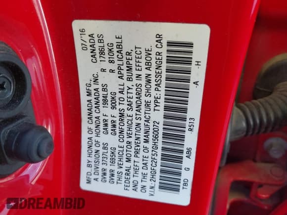✅ 2016 Honda Civic LX • VIN: 2HGFC2F57GH560072 • Lot: 43579961. Wystawiony na IAAI z przebiegiem 62 340 mil. Bezpłatny archiwum sprzedaży aukcyjnych z USA i szczegółowy raport historii pojazdu na DreamBid. Zdjęcie 9.