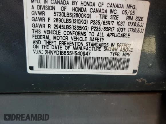 ✅ 2005 Acura MDX Touring • VIN: 2HNYD18655H540947 • Lot: 56063485. Listed on Copart with 127,822 mi. Free auction sales archive from the USA and detailed vehicle history report at DreamBid. Image 13.