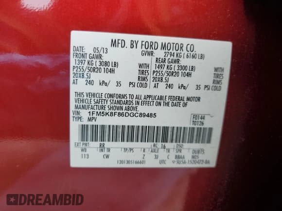 ✅ 2013 Ford Explorer Limited • VIN: 1FM5K8F86DGC89485 • Lot: 59729505. Wystawiony na Copart z przebiegiem 162 673 mil. Bezpłatny archiwum sprzedaży aukcyjnych z USA i szczegółowy raport historii pojazdu na DreamBid. Zdjęcie 14.