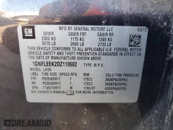 2013 Chevrolet Equinox LT z VIN 1GNFLEEK2DZ118682, wystawiony jako Copart lot #70842695 z przebiegiem 117 305 mil mil oraz Szkoda całkowita • Salvage title. Historia ofert i sprzedaży dostępna na DreamBid. Obrazek 13.