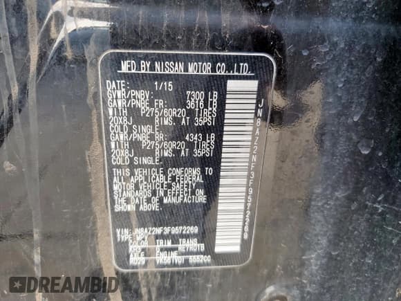 ✅ 2015 Infiniti QX80 • VIN: JN8AZ2NF3F9572269 • Lot: 59090505. Listed on Copart with 202,965 mi. Free auction sales archive from the USA and detailed vehicle history report at DreamBid. Image 12.