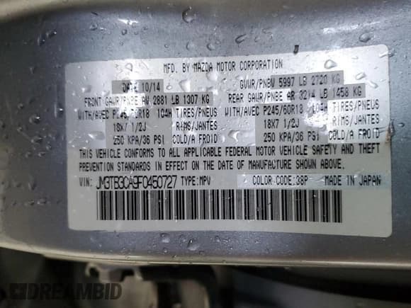 ✅ 2015 Mazda CX-9 Touring • VIN: JM3TB3CA9F0450727 • Lot: 72964124. Listed on Copart with 186,978 mi. Free auction sales archive from the USA and detailed vehicle history report at DreamBid. Image 14.