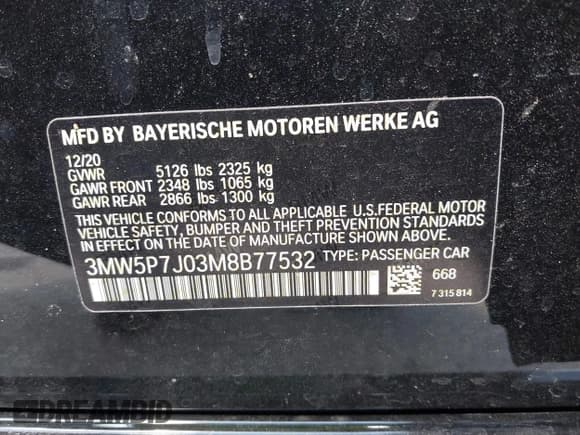 ✅ 2021 BMW 3 Series 330e • VIN: 3MW5P7J03M8B77532 • Lot: 43021005. Listed on IAAI with 59,787 mi. Free auction sales archive from the USA and detailed vehicle history report at DreamBid. Image 9.