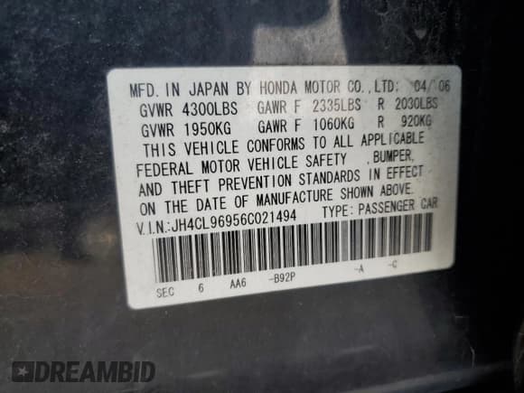 ✅ 2006 Acura TSX Navi • VIN: JH4CL96956C021494 • Lot: 92288255. Listed on Copart with 168,070 mi. Free auction sales archive from the USA and detailed vehicle history report at DreamBid. Image 12.