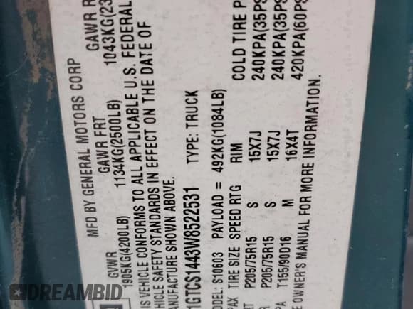 ✅ 1998 GMC Sonoma • VIN: 1GTCS1443W8522531 • Лот: 50527175. Опубликован ранее на Copart с пробегом 120 687 миль. Бесплатный доступ к архиву аукционных продаж из США и подробный отчёт об истории автомобиля на DreamBid. Изображение 12.