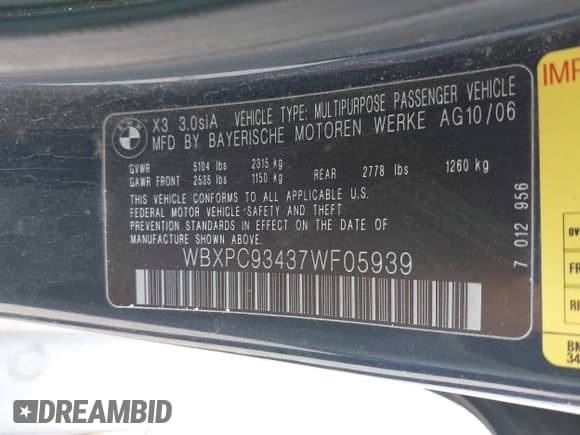 ✅ 2007 BMW X3 3.0si • VIN: WBXPC93437WF05939 • Lot: 43316011. Listed on IAAI with 169,132 mi. Free auction sales archive from the USA and detailed vehicle history report at DreamBid. Image 9.