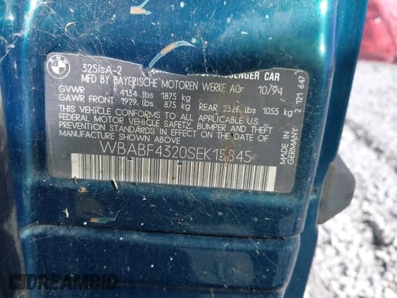 1995 BMW 3 Series with VIN WBABF4320SEK15845, listed as a IAAI auction lot 43585611 with Not provided miles and . Bid and sale history available at DreamBid. Image 9.