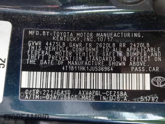 ✅ 2018 Toyota Camry LE • VIN: 4T1B11HK1JU536964 • Lot: 43490060. Listed on IAAI with 161,867 mi. Free auction sales archive from the USA and detailed vehicle history report at DreamBid. Image 9.