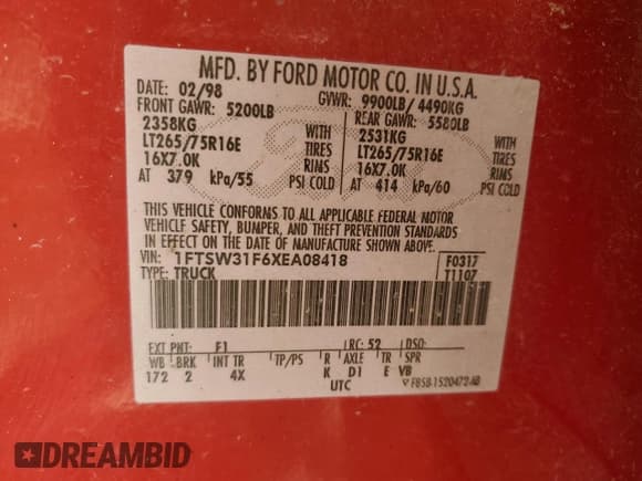 ✅ 1999 Ford F-350 XL • VIN: 1FTSW31F6XEA08418 • Lot: 52565945. Wystawiony na Copart z przebiegiem 352 161 mil. Bezpłatny archiwum sprzedaży aukcyjnych z USA i szczegółowy raport historii pojazdu na DreamBid. Zdjęcie 12.