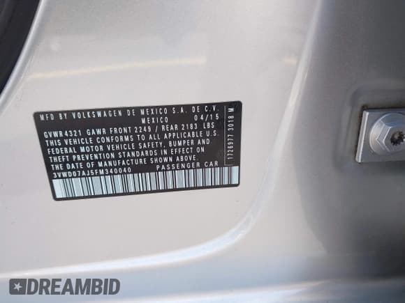 ✅ 2015 Volkswagen Jetta SE • VIN: 3VWD07AJ5FM340040 • Лот: 42296755. Опубликован ранее на IAAI с пробегом 94 050 миль. Бесплатный доступ к архиву аукционных продаж из США и подробный отчёт об истории автомобиля на DreamBid. Изображение 9.