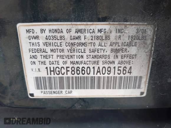 2001 Honda Accord VP with VIN 1HGCF86601A091564, listed as a IAAI auction lot 42400388 with 283,122 mi miles and . Bid and sale history available at DreamBid. Image 9.