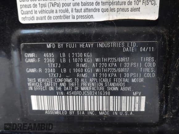 ✅ 2011 Subaru Outback Limited • VIN: 4S4BRDJC5B2416398 • Lot: 43006909. Listed on IAAI with 221,972 mi. Free auction sales archive from the USA and detailed vehicle history report at DreamBid. Image 9.