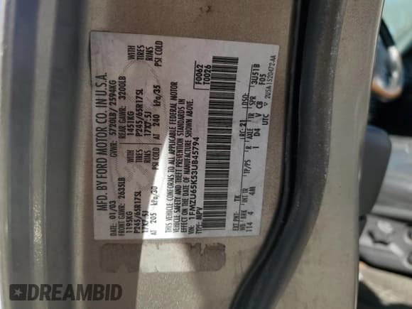 ✅ 2003 Ford Explorer • VIN: 1FMZU65K53UB45794 • Лот: 46523365. Опубликован ранее на Copart с пробегом 123 840 миль. Бесплатный доступ к архиву аукционных продаж из США и подробный отчёт об истории автомобиля на DreamBid. Изображение 15.