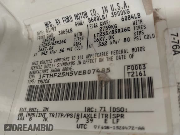 ✅ 1997 Ford F-250 • VIN: 1FTHF25H5VEB07485 • Lot: 41195924. Listed on IAAI with 290,886 mi. Free auction sales archive from the USA and detailed vehicle history report at DreamBid. Image 9.