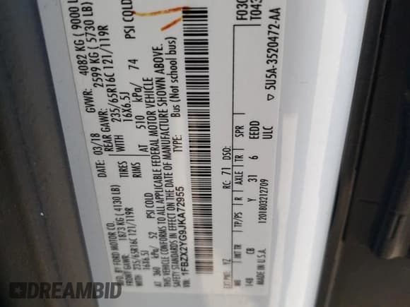 ✅ 2018 Ford Transit Passenger XL • VIN: 1FBZX2YG9JKA72955 • Lot: 59350194. Listed on Copart with 151,401 mi. Free auction sales archive from the USA and detailed vehicle history report at DreamBid. Image 14.