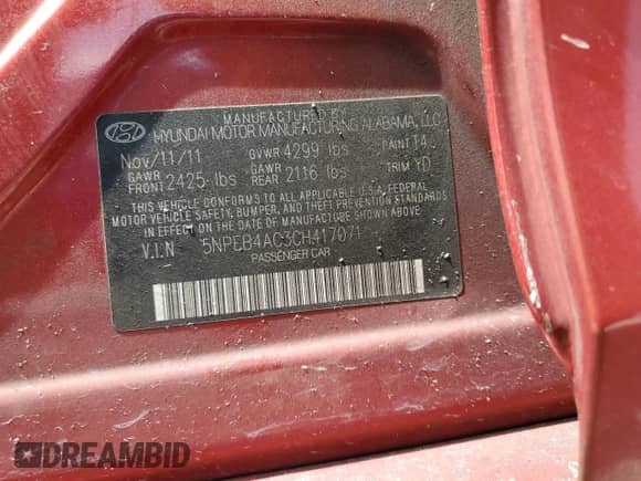 2012 Hyundai Sonata GLS with VIN 5NPEB4AC3CH417071, listed as a Copart auction lot 57846555 with Not provided miles and Clean title. Bid and sale history available at DreamBid. Image 13.