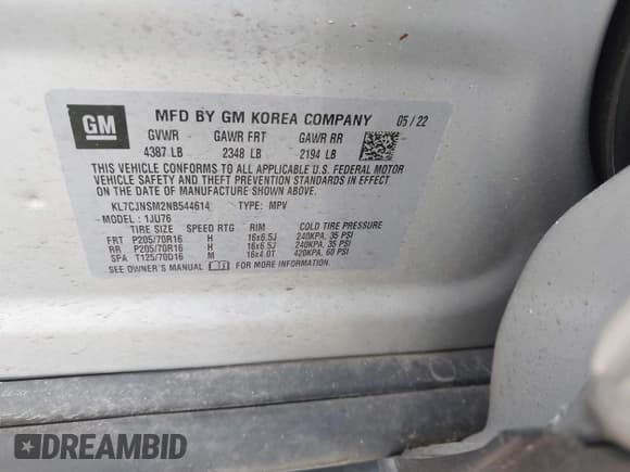 ✅ 2022 Chevrolet Trax LS • VIN: KL7CJNSM2NB544614 • Лот: 42566769. Опубликован ранее на IAAI с пробегом 18 333 миль. Бесплатный доступ к архиву аукционных продаж из США и подробный отчёт об истории автомобиля на DreamBid. Изображение 9.