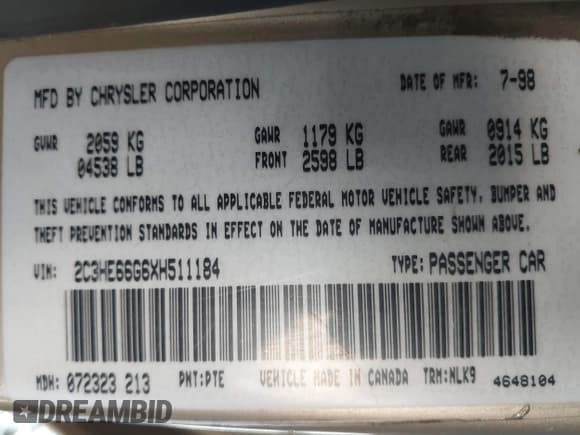 ✅ 1999 Chrysler 300M M • VIN: 2C3HE66G6XH511184 • Lot: 42145927. Listed on IAAI with 204,588 mi. Free auction sales archive from the USA and detailed vehicle history report at DreamBid. Image 9.