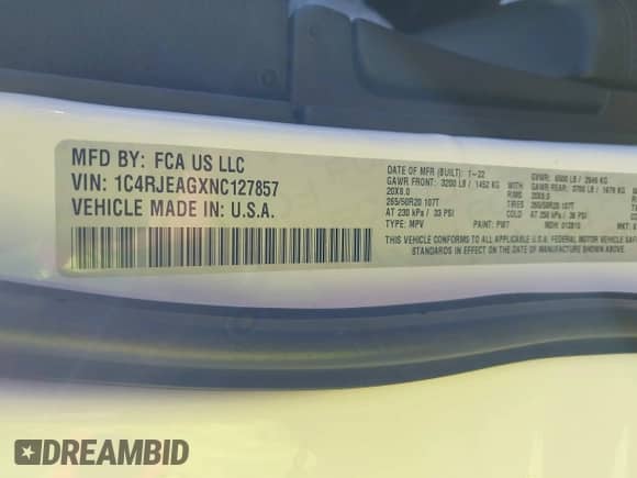 2022 Jeep Grand Cherokee Laredo E with VIN 1C4RJEAGXNC127857, listed as a IAAI auction lot 43202403 with 66,201 mi miles and . Bid and sale history available at DreamBid. Image 9.