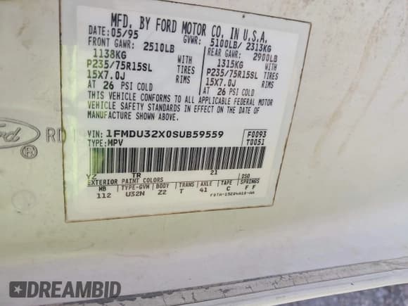 ✅ 1995 Ford Explorer Eddie Bauer • VIN: 1FMDU32X0SUB59559 • Lot: 42403039. Wystawiony na IAAI z przebiegiem 362 695 mil. Bezpłatny archiwum sprzedaży aukcyjnych z USA i szczegółowy raport historii pojazdu na DreamBid. Zdjęcie 9.