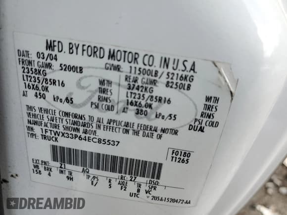 ✅ 2004 Ford F-350 XL • VIN: 1FTWX33P64EC85537 • Lot: 54480415. Listed on Copart with Not provided. Free auction sales archive from the USA and detailed vehicle history report at DreamBid. Image 12.