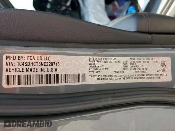 2022 Dodge Durango R/T with VIN 1C4SDHCT3NC229716, listed as a Copart auction lot 58078035 with Not provided miles and Salvage title. Bid and sale history available at DreamBid. Image 13.