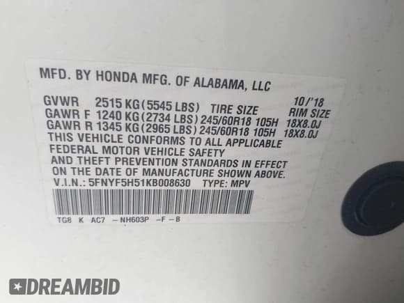 ✅ 2019 Honda Pilot EX-L • VIN: 5FNYF5H51KB008630 • Lot: 42966581. Listed on IAAI with 182,416 mi. Free auction sales archive from the USA and detailed vehicle history report at DreamBid. Image 9.