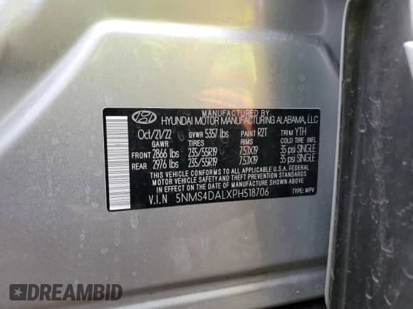 2023 Hyundai Santa Fe Limited z VIN 5NMS4DALXPH518706, wystawiony jako Copart lot #41912463 z przebiegiem 5 463 mil mil oraz . Historia ofert i sprzedaży dostępna na DreamBid. Obrazek 13.