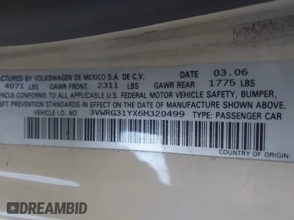 ✅ 2006 Volkswagen Beetle • VIN: 3VWRG31YX6M320499 • Lot: 43535223. Listed on IAAI with 145,120 mi. Free auction sales archive from the USA and detailed vehicle history report at DreamBid. Image 9.